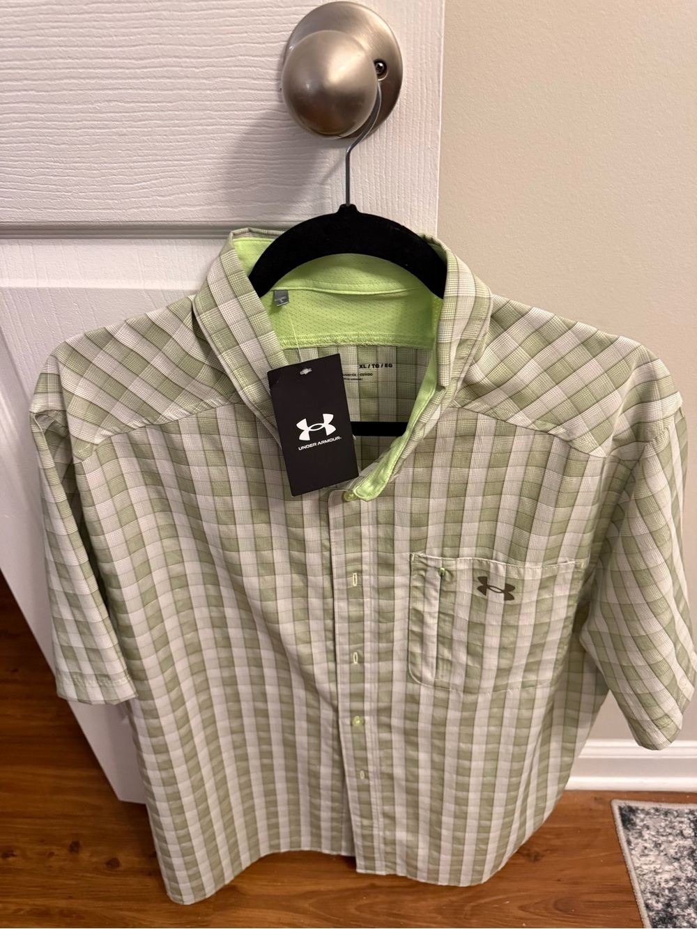 Under Armour Men’s Light Green and White Plaid Short Sleeve Button-Up